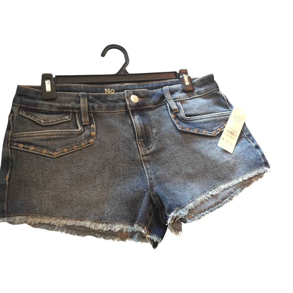 No Boundaries Womens Studded Hot Shorts Dark Stonewash Denim Frayed Hem -6 New